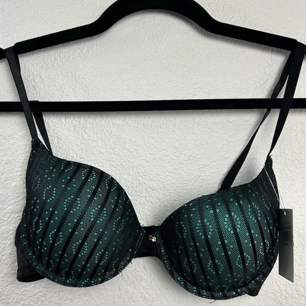 Hers by Herman Black Emerald Green Striped Lace Push Up Bra 32B B2103GRE NEW